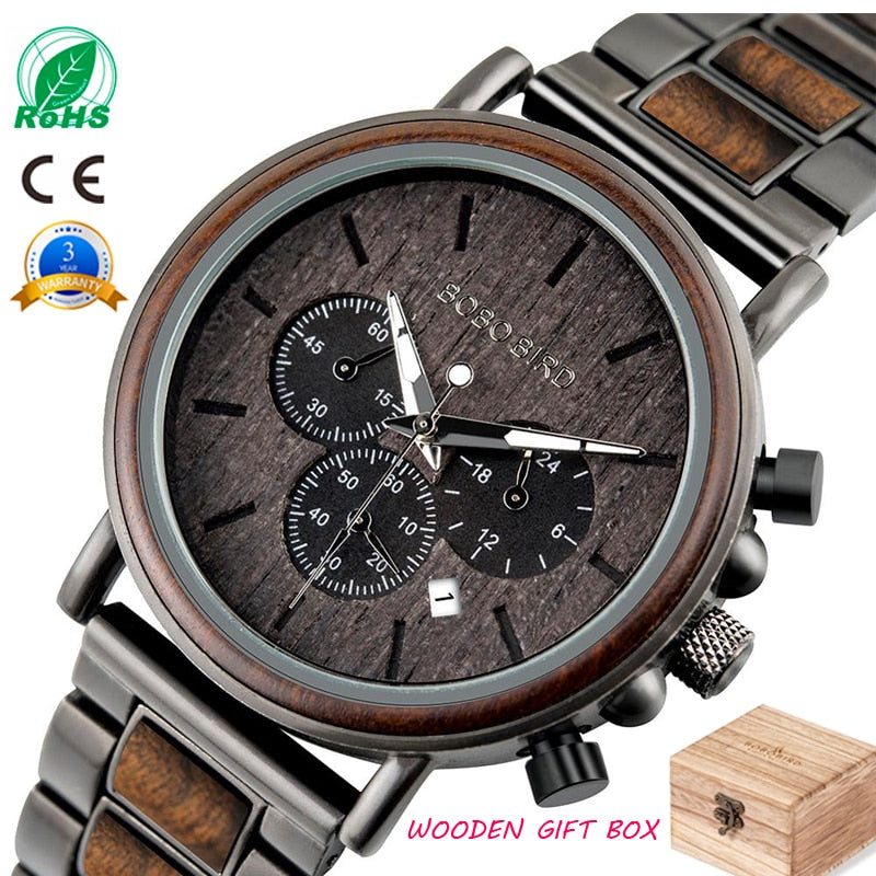 BOBO BIRD Luxury Wood & Stainless Steel Men Watch