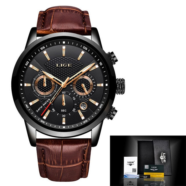 2021 LIGE Men's Watch - Brown Black Gold / SPAIN - Brown Black Gold / China