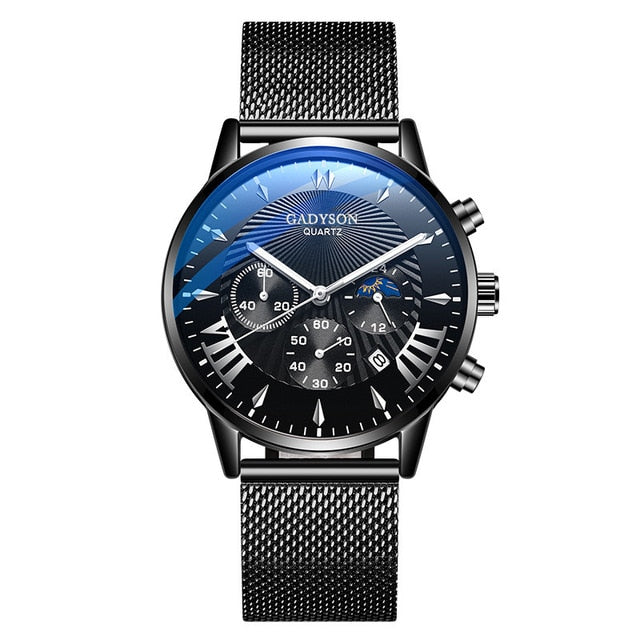 Luxury Men’s Stainless Steel Mesh Calendar Watch - A black b silver b