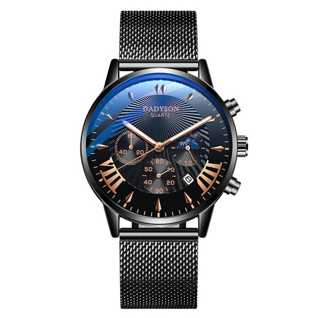 Luxury Men’s Stainless Steel Mesh Calendar Watch - A black b rosy b