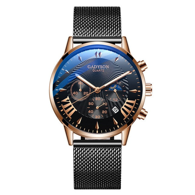 Luxury Men’s Stainless Steel Mesh Calendar Watch - A black r rosy b