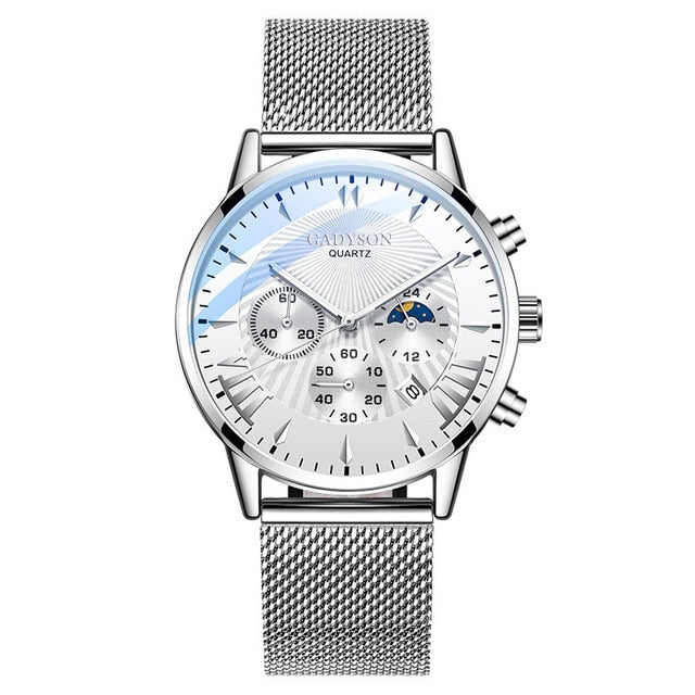 Luxury Men’s Stainless Steel Mesh Calendar Watch - A silver s s white