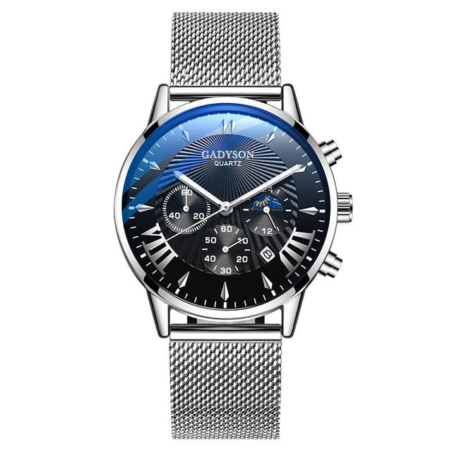 Luxury Men’s Stainless Steel Mesh Calendar Watch - A silver s s black