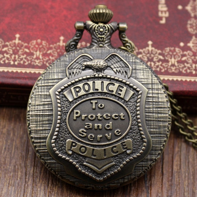 Vintage Bronze Pocket Watch “To Protect and Serve” - Black